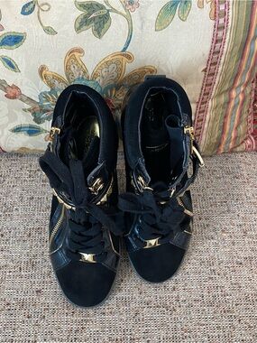 Michael Kors Black Lace-Up Wedge Boots with Gold Accents